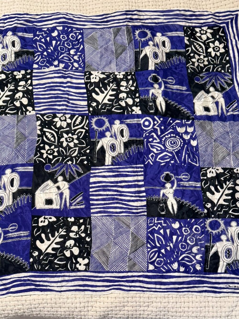 Vintage Oscar de la Renta Silk Scarf Navy and White